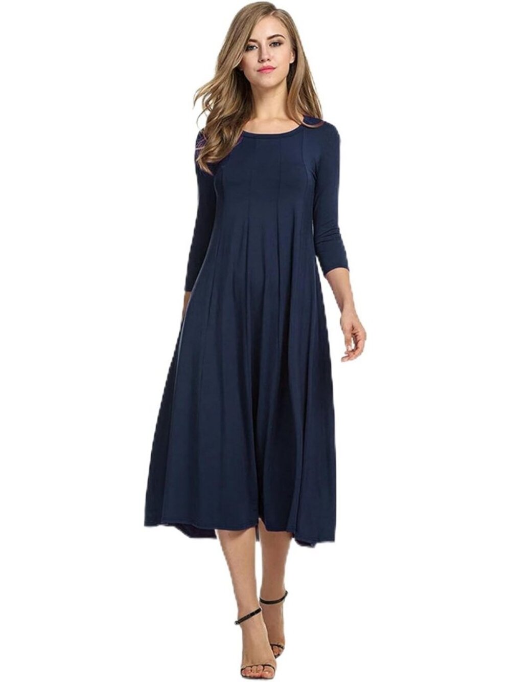 Chic 3/4 Sleeve A-Line Flare Midi Dress for Women - Perfect for Any Occasion
